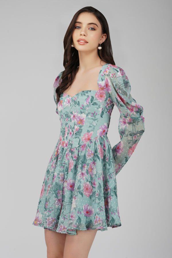 lace & beads Bone Green Floral Corset Dress