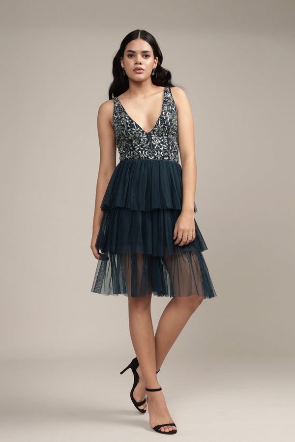 Lace & Beads Builda Embellished Mini Dress In Navy