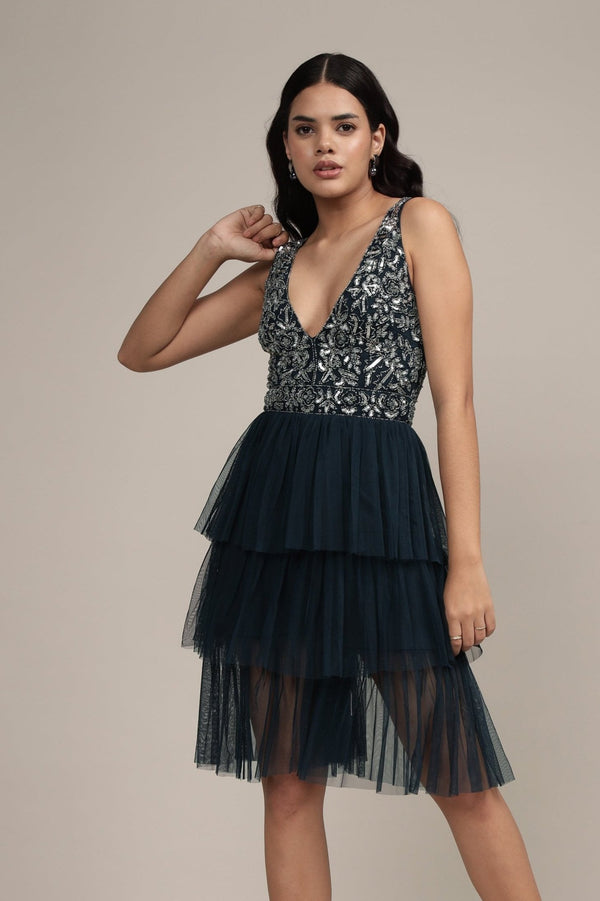 lace & beads Builda Embellished Mini Dress in Navy