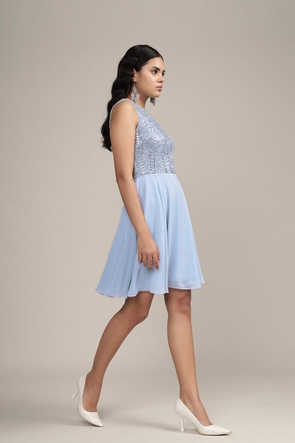Lace & Beads Bunny Embellished Skater Dress In Blue