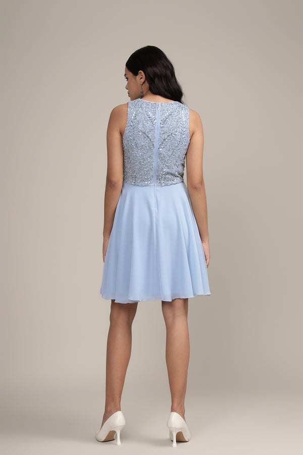 Lace & Beads Bunny Embellished Skater Dress In Blue
