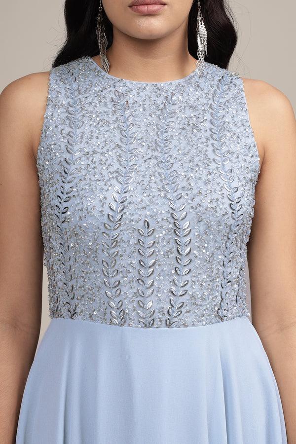 Lace & Beads Bunny Embellished Skater Dress In Blue