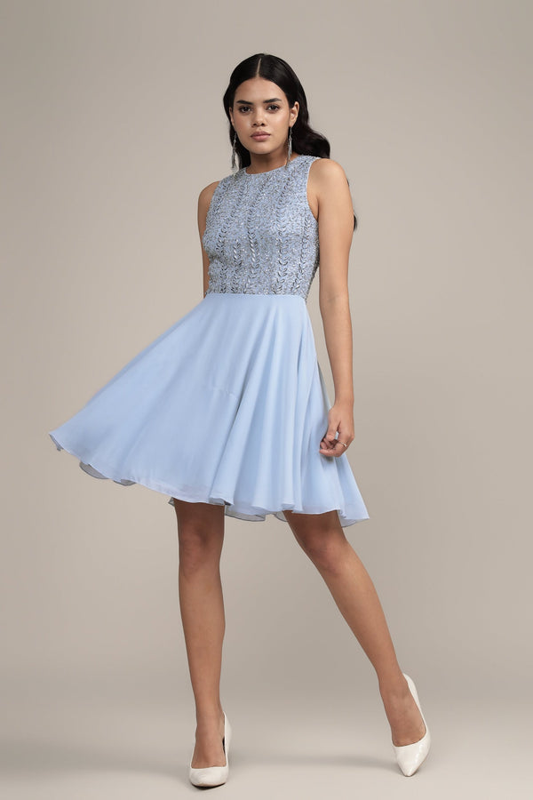 lace & beads Bunny Embellished Skater Dress in Blue