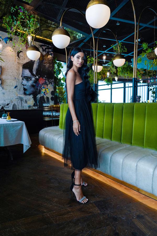 Lace & Beads Butterfly Black Tulle Midi Dress