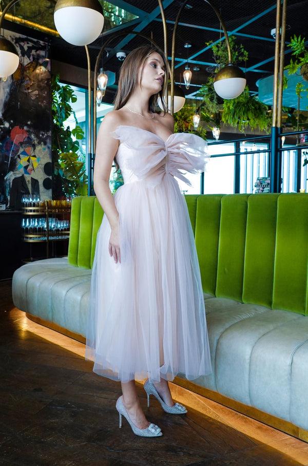 Lace & Beads Butterfly Nude Tulle Midi Dress