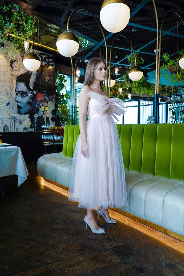 Lace & Beads Butterfly Nude Tulle Midi Dress