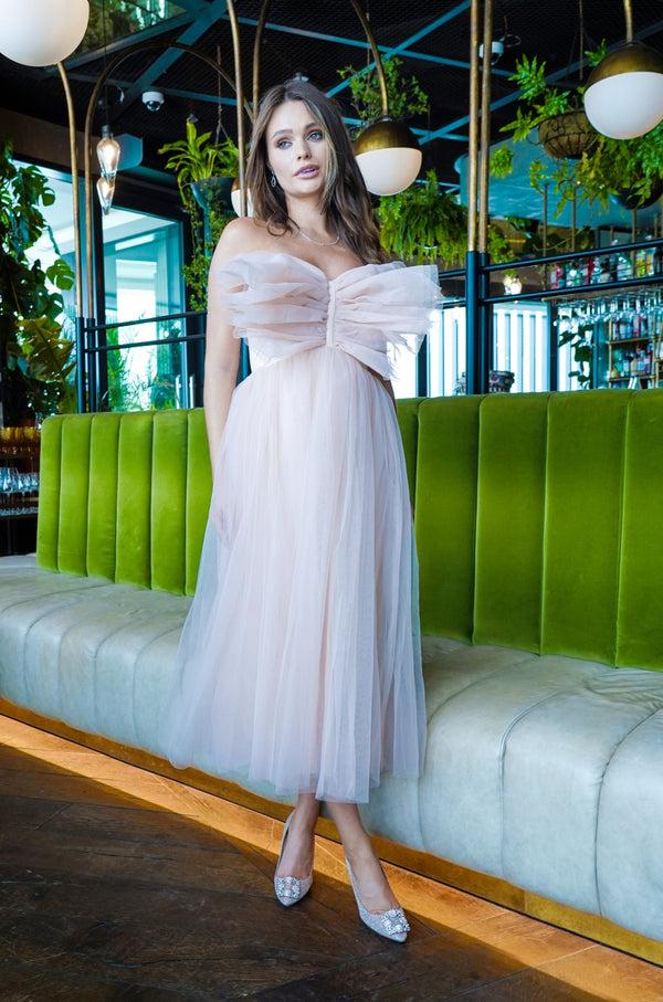 lace & beads Butterfly Nude Tulle Midi Dress