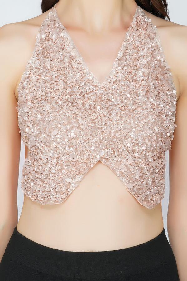 Lace & Beads Butterfly Top In Blush Nude