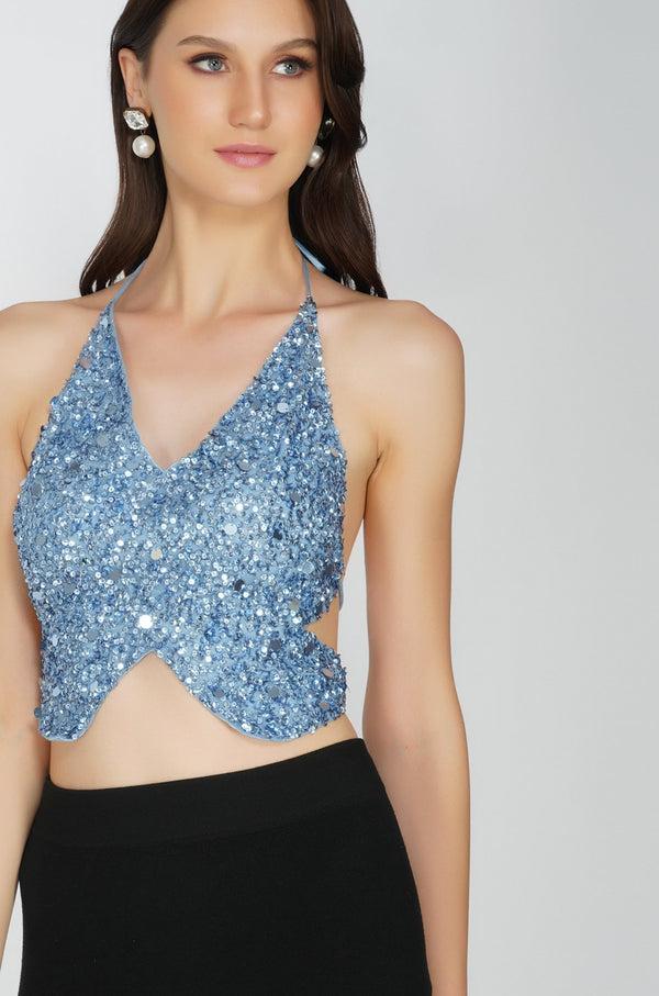 Lace & Beads Butterfly Top In Light Blue