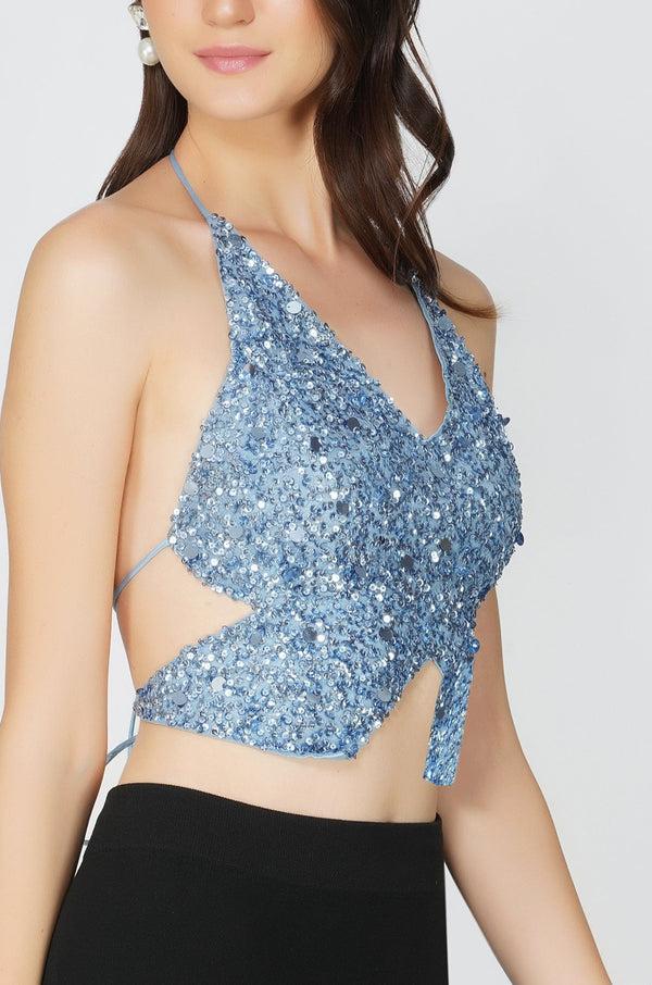 lace & beads Butterfly Top in Light Blue