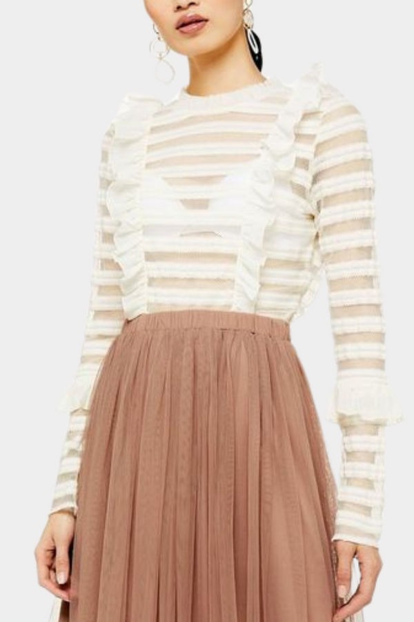 lace & beads Caladium Long Sleeve White Mesh Top