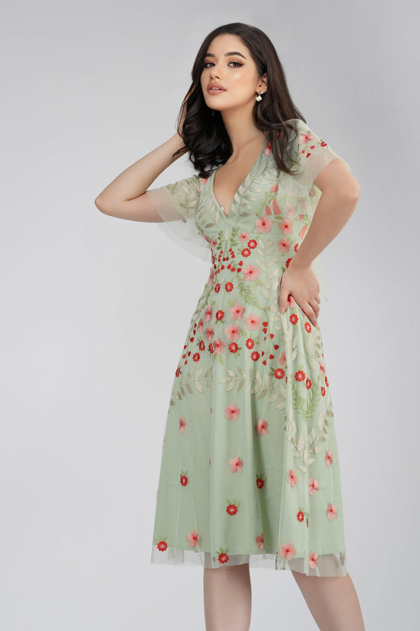 Lace & Beads Calla Sage Green Embroidered Dress