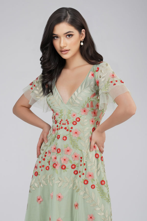 lace & beads Calla Sage Green Embroidered Dress