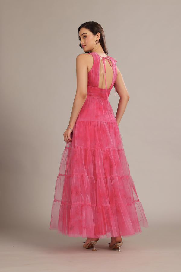 Lace & Beads Candace Maxi Dress In Bright Pink Print