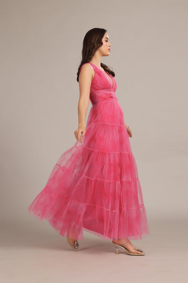 Lace & Beads Candace Maxi Dress In Bright Pink Print