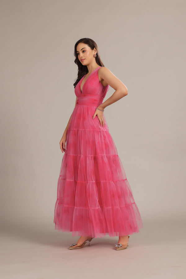 Lace & Beads Candace Maxi Dress In Bright Pink Print