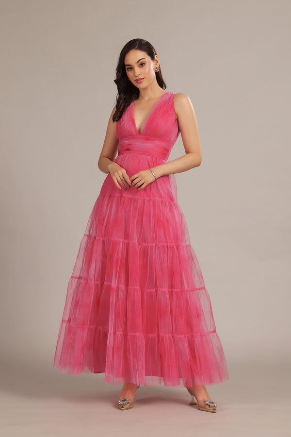 lace & beads Candace Maxi Dress in Bright Pink Print