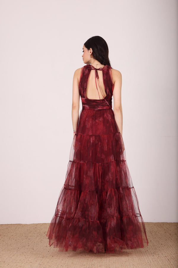 Lace & Beads Candace Maxi Dress In Deep Red Floral