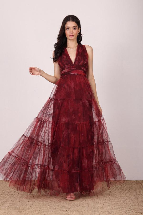 Lace & Beads Candace Maxi Dress In Deep Red Floral