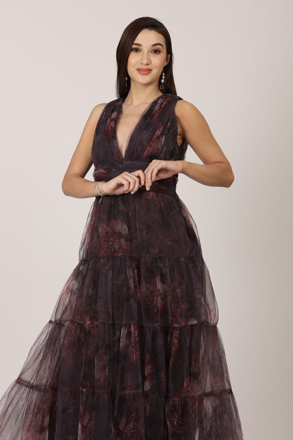 Lace & Beads Candace Maxi Dress In Plum Floral