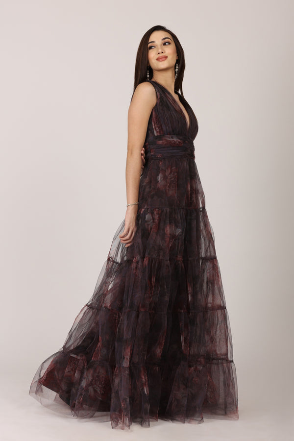 lace & beads Candace Maxi Dress in Plum Floral