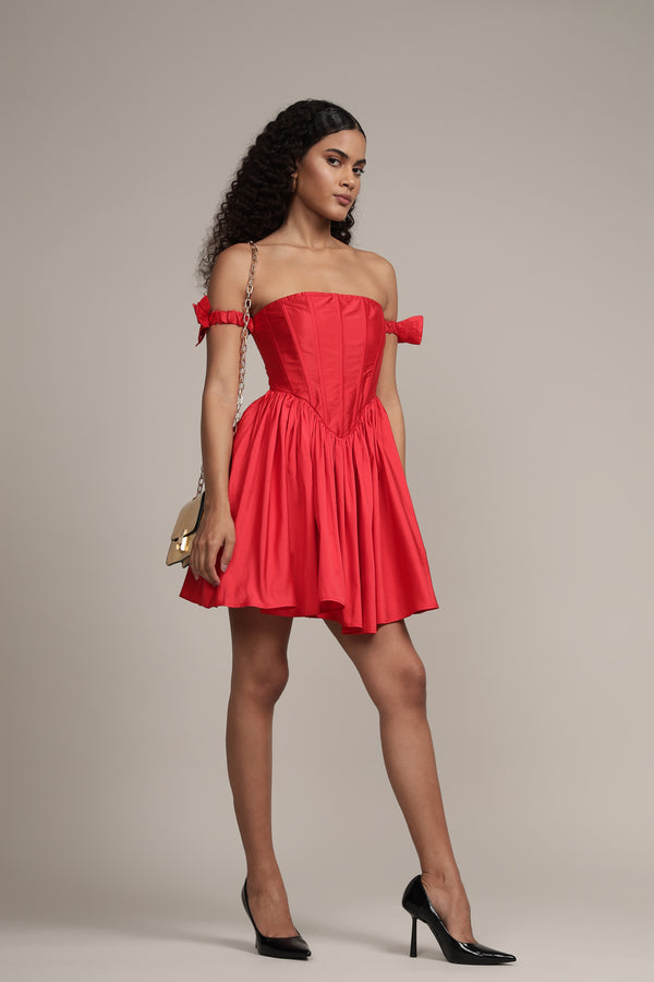 Lace & Beads Carly Corset Mini Dress In Red