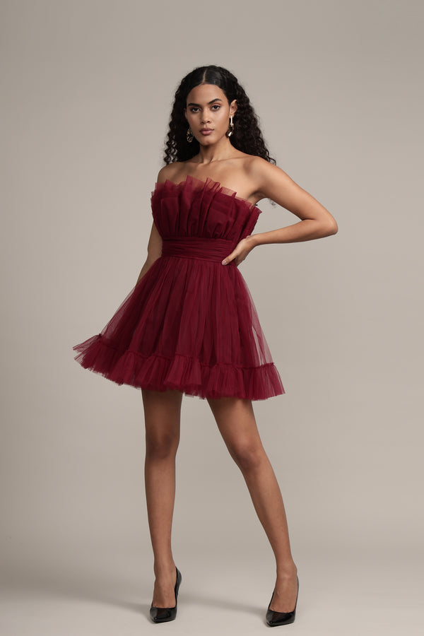 Lace & Beads Caspian Tulle Mini Dress In Astro Red