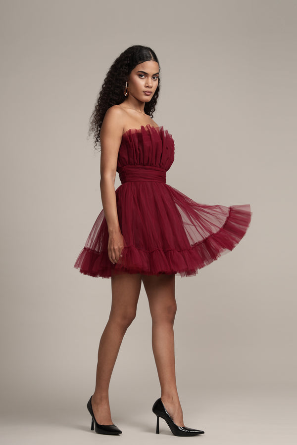 Lace & Beads Caspian Tulle Mini Dress In Astro Red