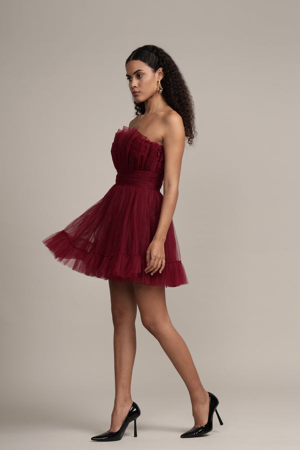 Lace & Beads Caspian Tulle Mini Dress In Astro Red