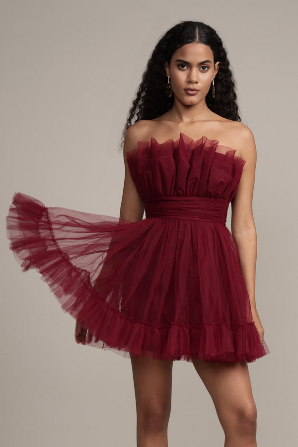 lace & beads Caspian Tulle Mini Dress in Astro Red
