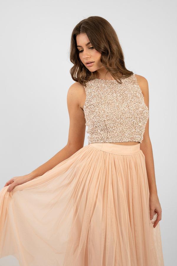 Lace & Beads Cleo Nude Tulle Midi Skirt