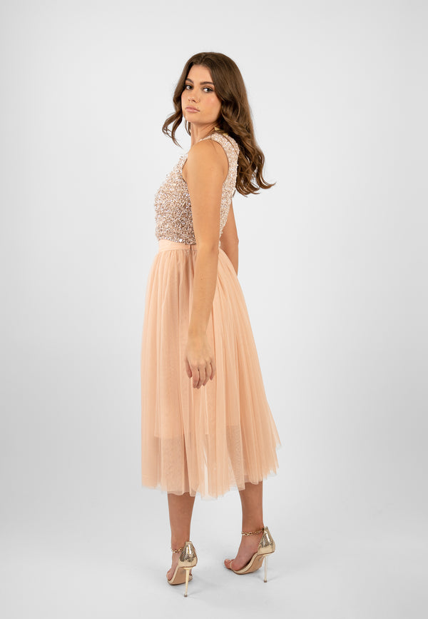 Lace & Beads Cleo Nude Tulle Midi Skirt