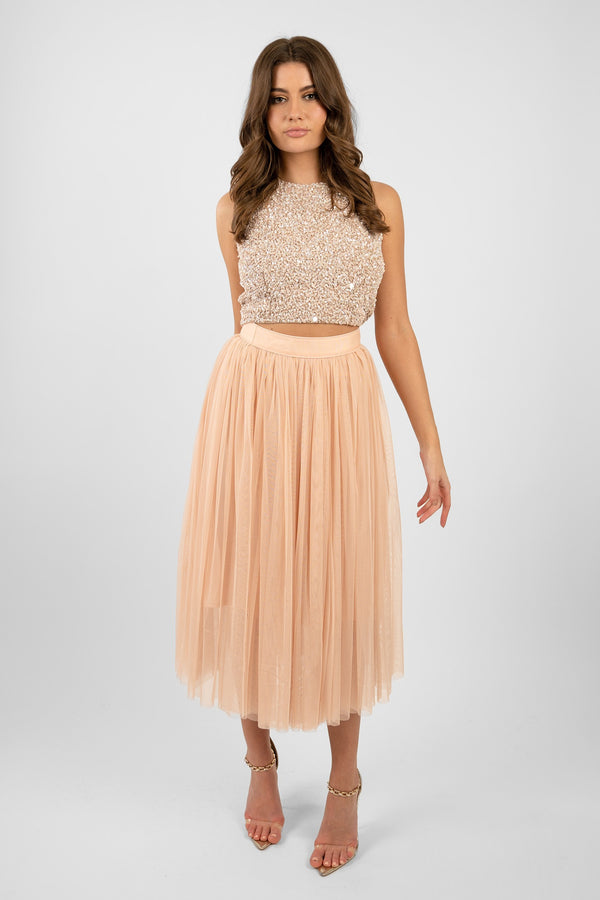 lace & beads Cleo Nude Tulle Midi Skirt