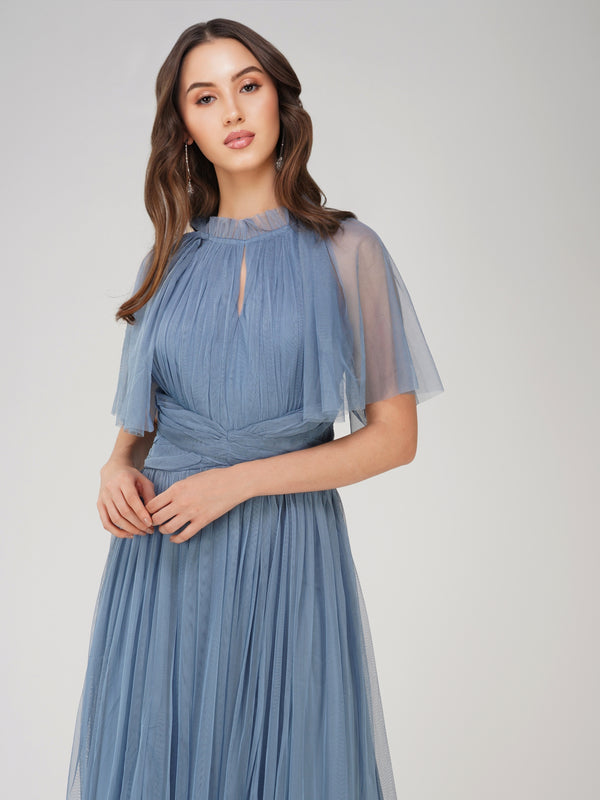Lace & Beads Cristiane Dusty Blue Tulle Midi Dress