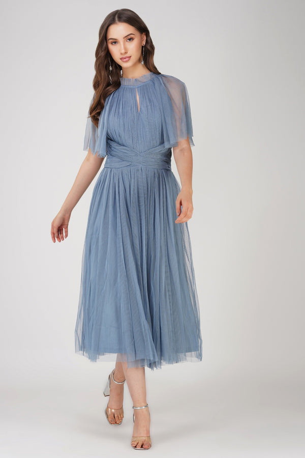 lace & beads Cristiane Dusty Blue Tulle Midi Dress