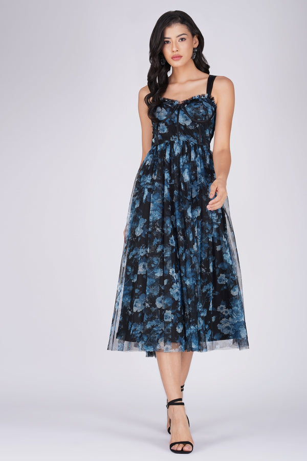 Lace & Beads Dane Blue Floral Corset Midi Dress