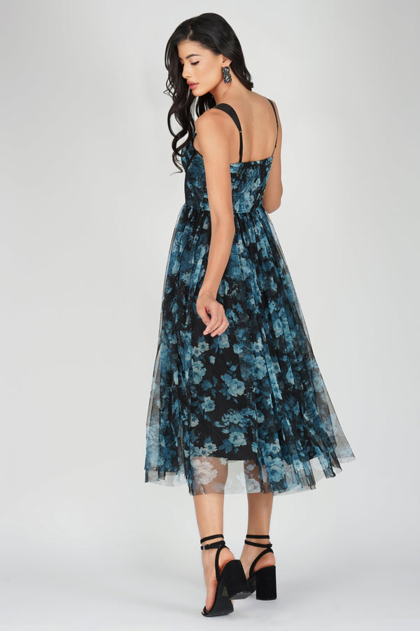 Lace & Beads Dane Blue Floral Corset Midi Dress