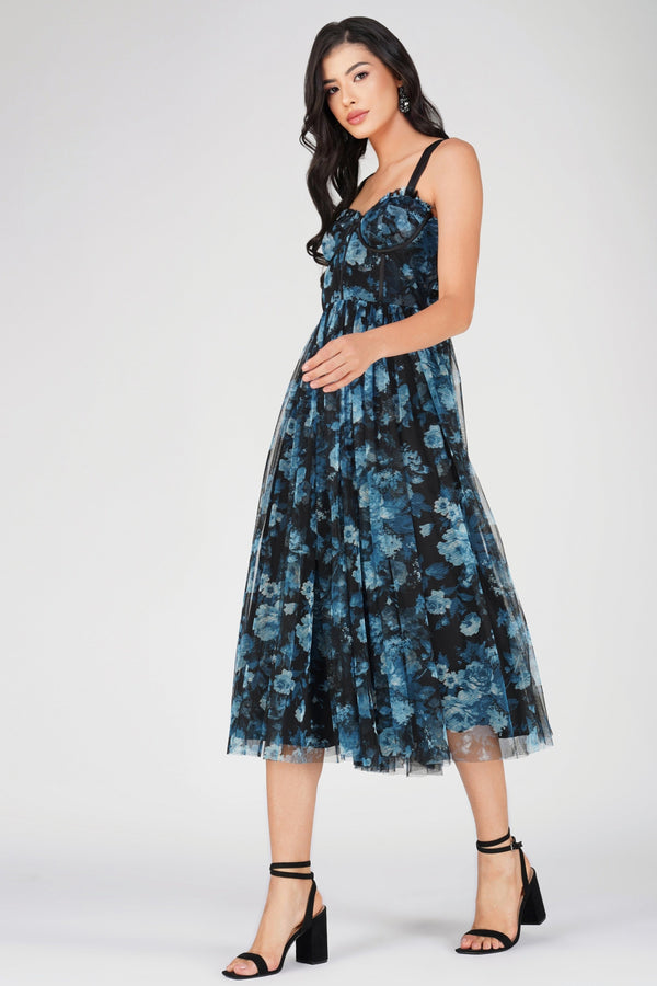 Lace & Beads Dane Blue Floral Corset Midi Dress
