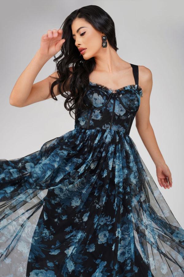 lace & beads Dane Blue Floral Corset Midi Dress