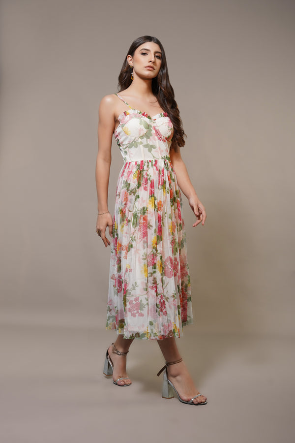 Lace & Beads Dane Floral Tulle Corset Midi Dress