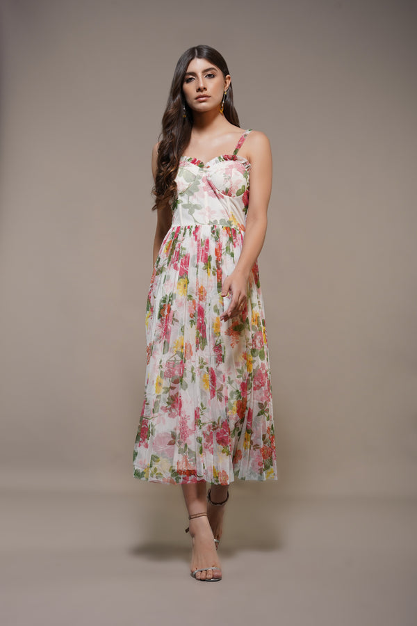 lace & beads Dane Floral Tulle Corset Midi Dress