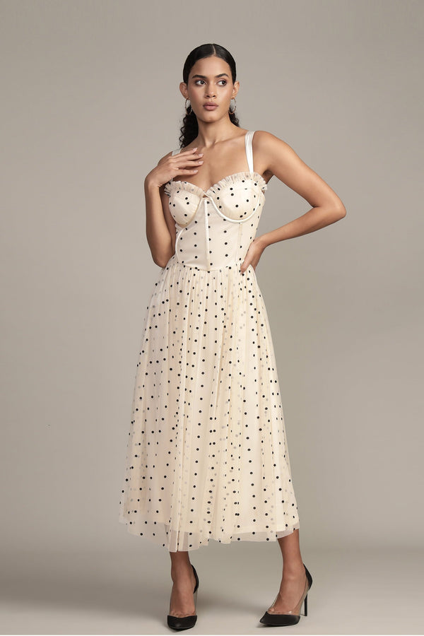 lace & beads Dane Polka Dot Corset Midi Dress