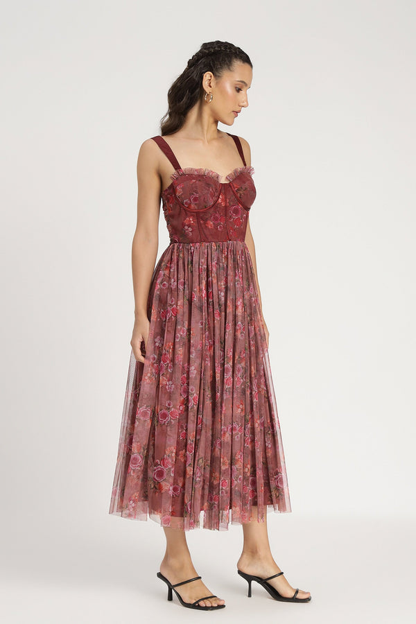 Lace & Beads Dane Purple Floral Corset Midi Dress