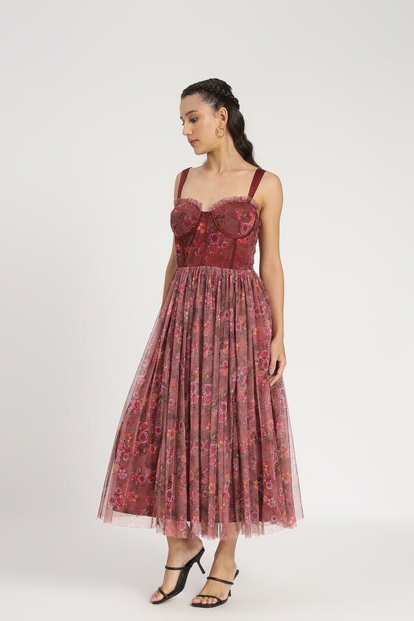 Lace & Beads Dane Purple Floral Corset Midi Dress