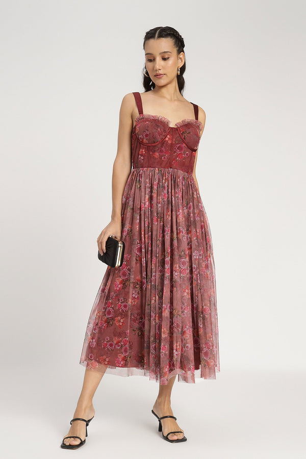 lace & beads Dane Purple Floral Corset Midi Dress
