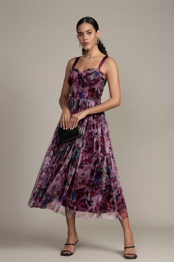Lace & Beads Dane Purple Print Corset Midi Dress