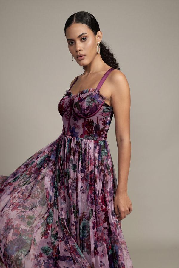 Lace & Beads Dane Purple Print Corset Midi Dress