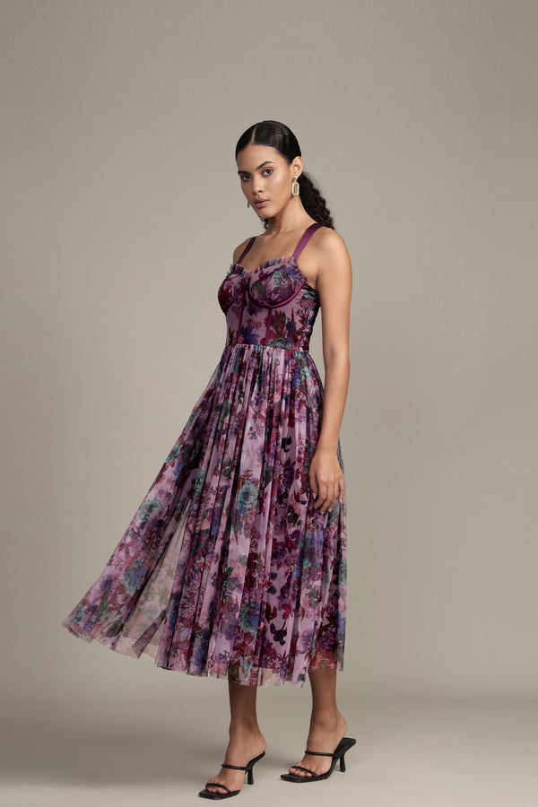Lace & Beads Dane Purple Print Corset Midi Dress