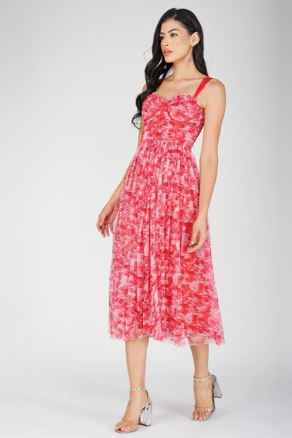 Lace & Beads Dane Red Printed Corset Midi Dress
