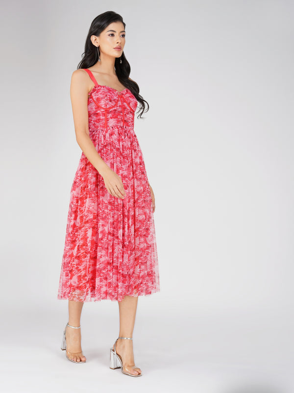 Lace & Beads Dane Red Printed Corset Midi Dress